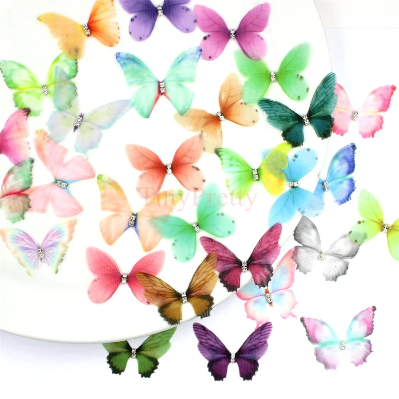 20PCS Printed Organza Butterflies w/ Rhinestone Fairy Wings Appliques Bridal Wedding Hair Accessory DIY Jewelry Making