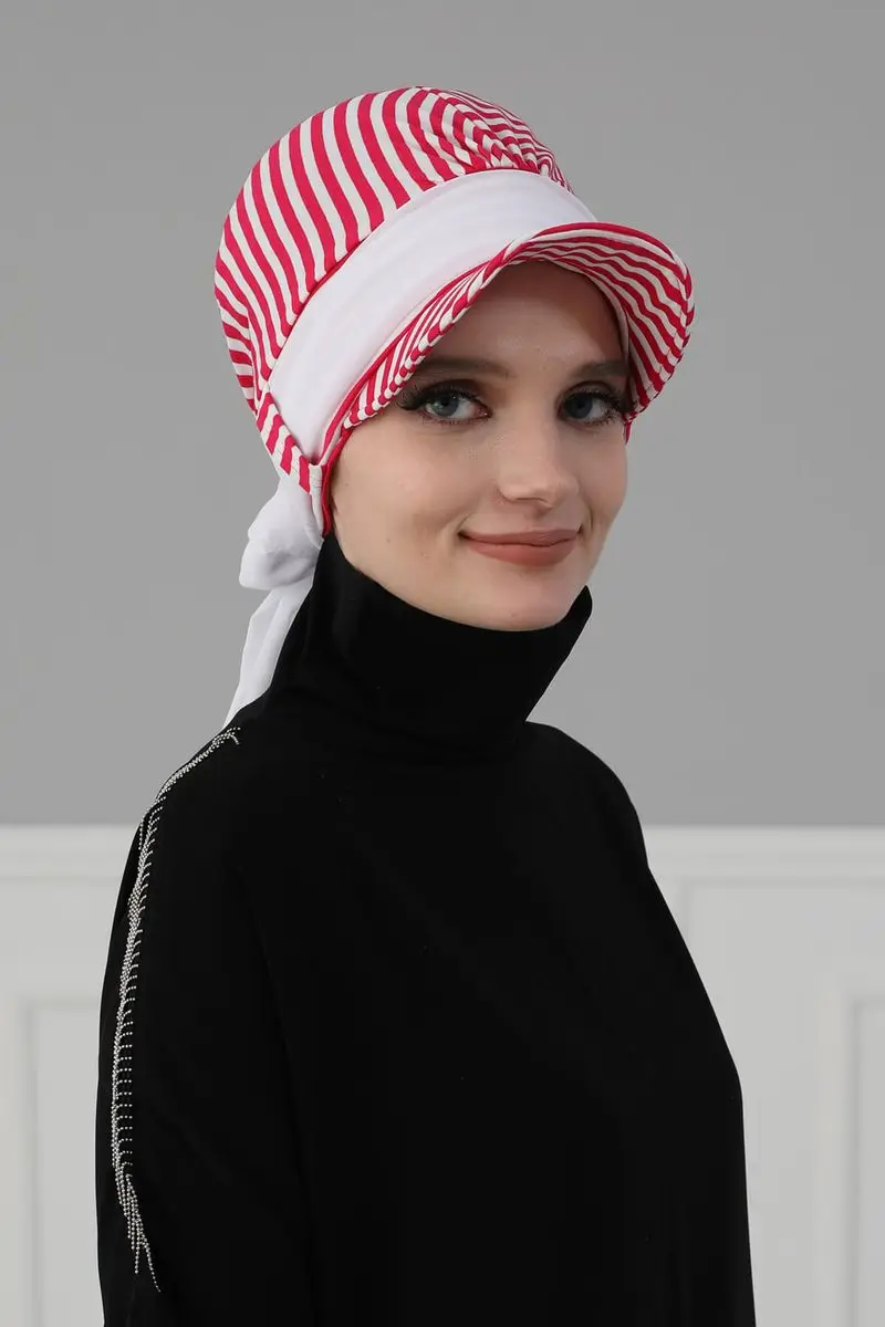 Chiffon Belted Hoed Gestreepte Bone Fuchsia