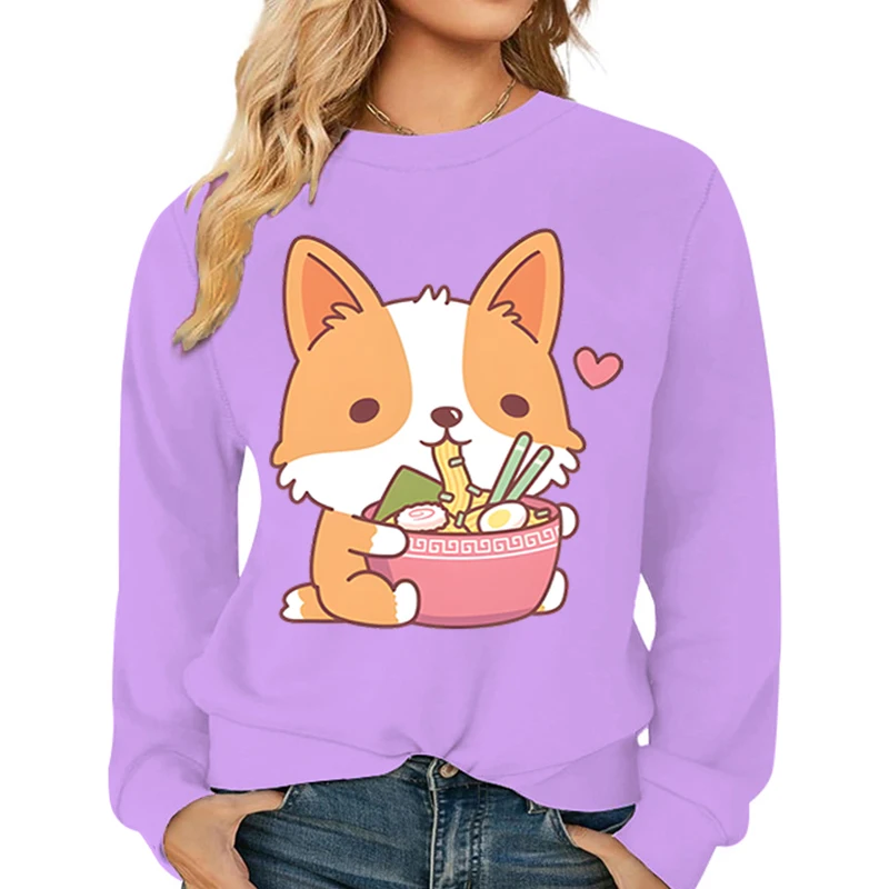 2024 Autumn Winter Women's Clothing Cartoon Ramen Corgi Dog Loose Sweatshirts Femme Long Sleeve Cute Animal Anime Style Hoodies