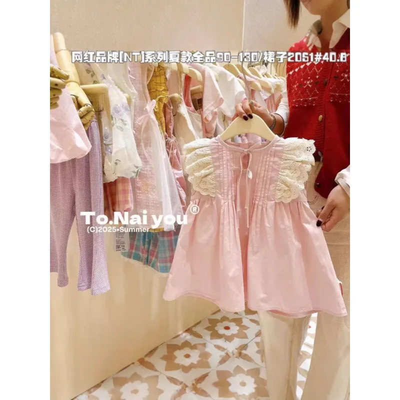 

Children's Dress New Summer Baby Girl Lace Patchwork Sleeveless French Style White Pleated Little Flutter Sleeve Princess Dress