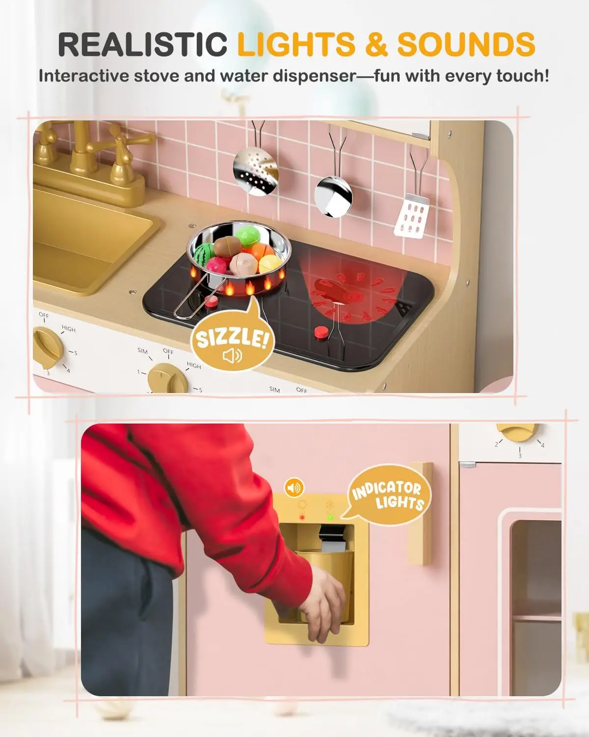 Playset de cozinha de madeira para crianças, Finja brincar cozinha com luzes e sons, Brinquedo estilo retro para crianças, rosa, 3 +, W