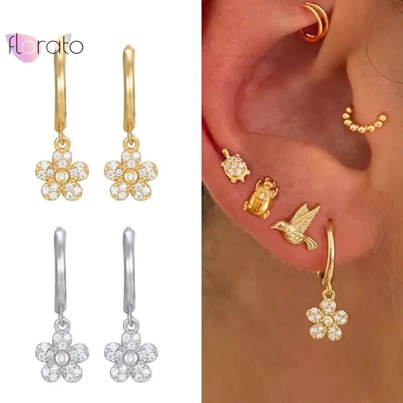 

925 Sterling Silver Needle Exquisite Five-petal Flower-encrusted Zircon Pendant Earrings Women's Fashion Wedding Party Jewelry