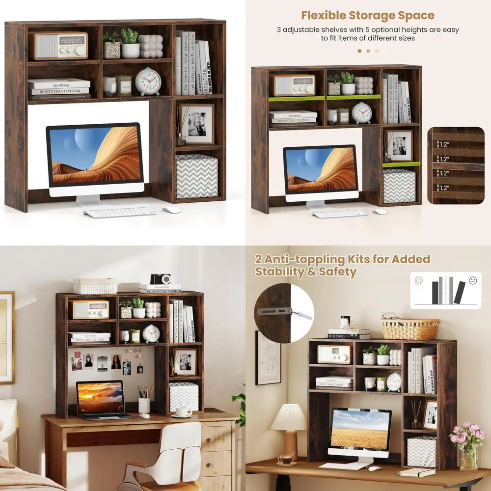 37 رف كتب خشبي على سطح الطاولة مع 7 مكعبات و3 أرفف قابلة للتعديل لتنظيم المكاتب المنزلية