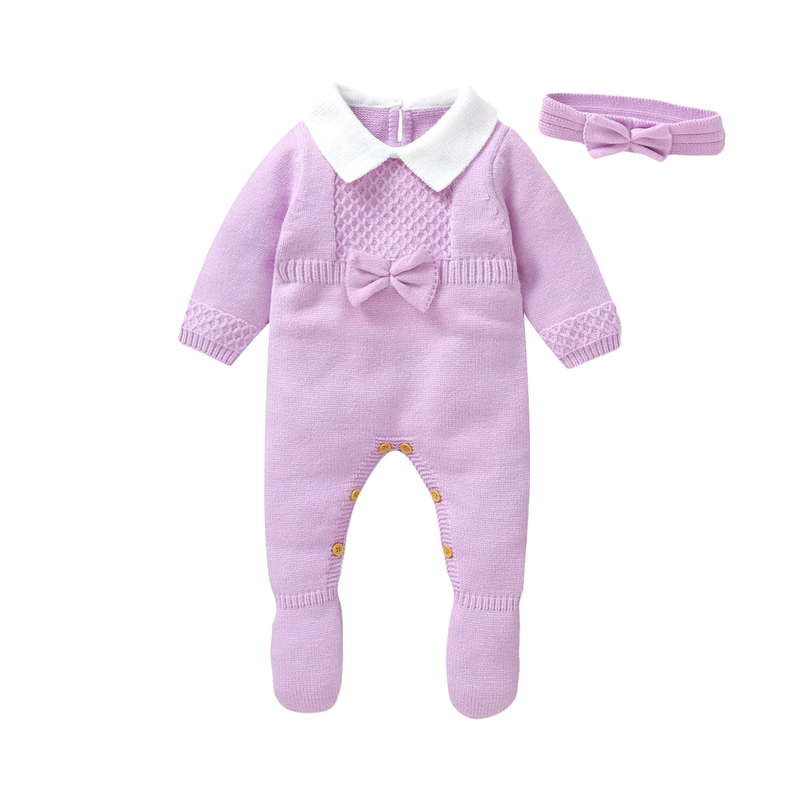 

Baby Girl Fall Knit Romper Long Sleeve Lapel Bow Front Footed Sweater Jumpsuit with Headband 2 Pcs Set