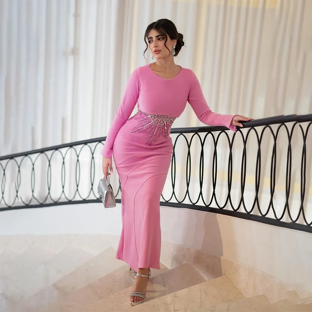 

Crystal Wedding Guest Gowns for Women Long Sleeves Mermaid Evening Dresses Ankle Length O-Neck Trumpet Party Dress Customized