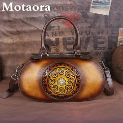 Motaora Womens Bag New Genuine Leather Handbag For Women Retro Embossed Chinese Style Crossbody Bag Soft Cowhide Luxury Bags