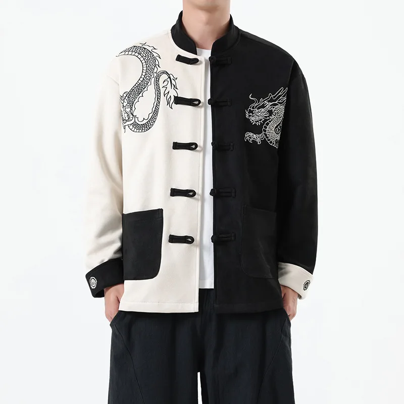 Autumn New Chinese Style Men's Fashion Dragon Pattern Embroidered Jacket Chinese Retro Splicing Top