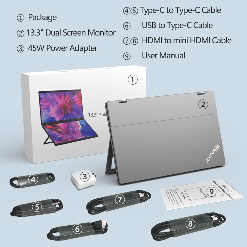 13.3'' AMOLED Touch Double Screen Portable Monitor 1080P 360° Folding Stacked Triple Display for Laptop PC Phone PS5 Game