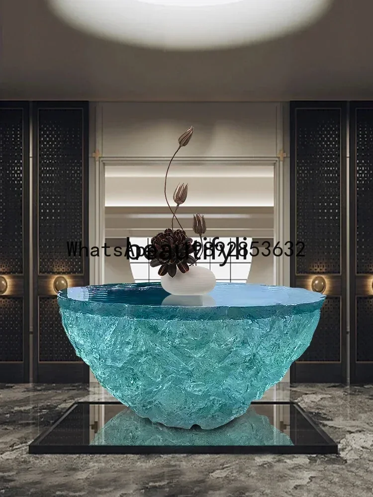 CC Epoxidharz blauer Couchtisch Hotel Wohnzimmer Kunst High-End-Designer transparenter runder Tisch