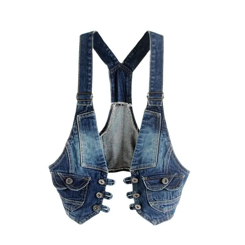 

Women Summer Waistcoat Denim Sleeveless Casual Outerwear Female Short Tops Cool Single-Breasted Blue Sling Moto Biker Vests