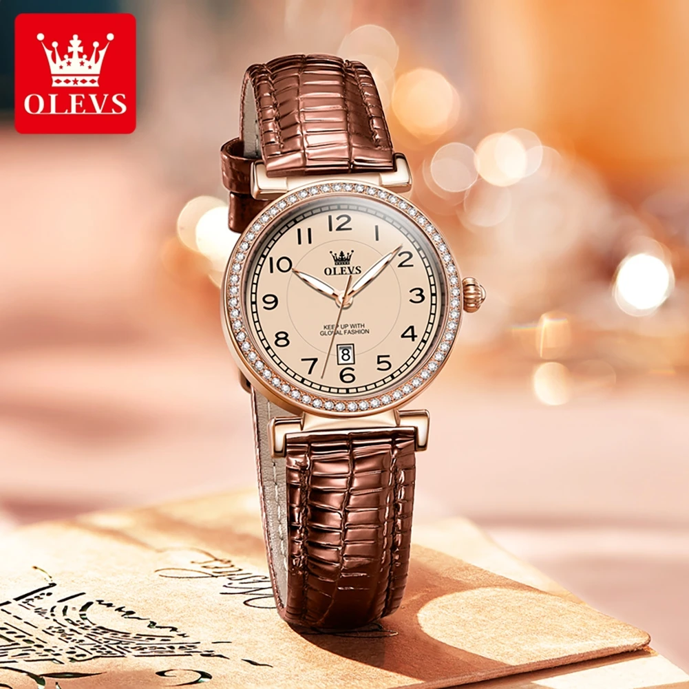 

OLEVS 2024 New Fashion Womens Watches Top Brand Luxury Leather Strap Waterproof Calendar Diamond Quartz Watch Relogio Feminino