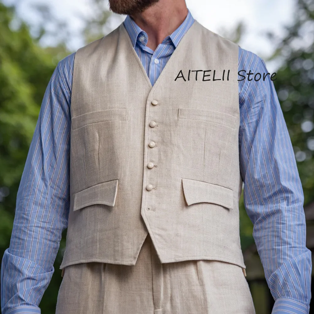 

Casual Vest for Men Linen Fabric Single-breasted Men's Classic Vest Vests Formal Flap Pockets V-neck Working Male Suit Suits