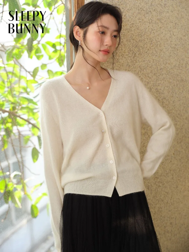 

Women Wool V Neck Fleece Knit Cardigan Lady Spring Loose Slouchy Casual Versatile Knitwear Top Daily Office Outfit New Fashion