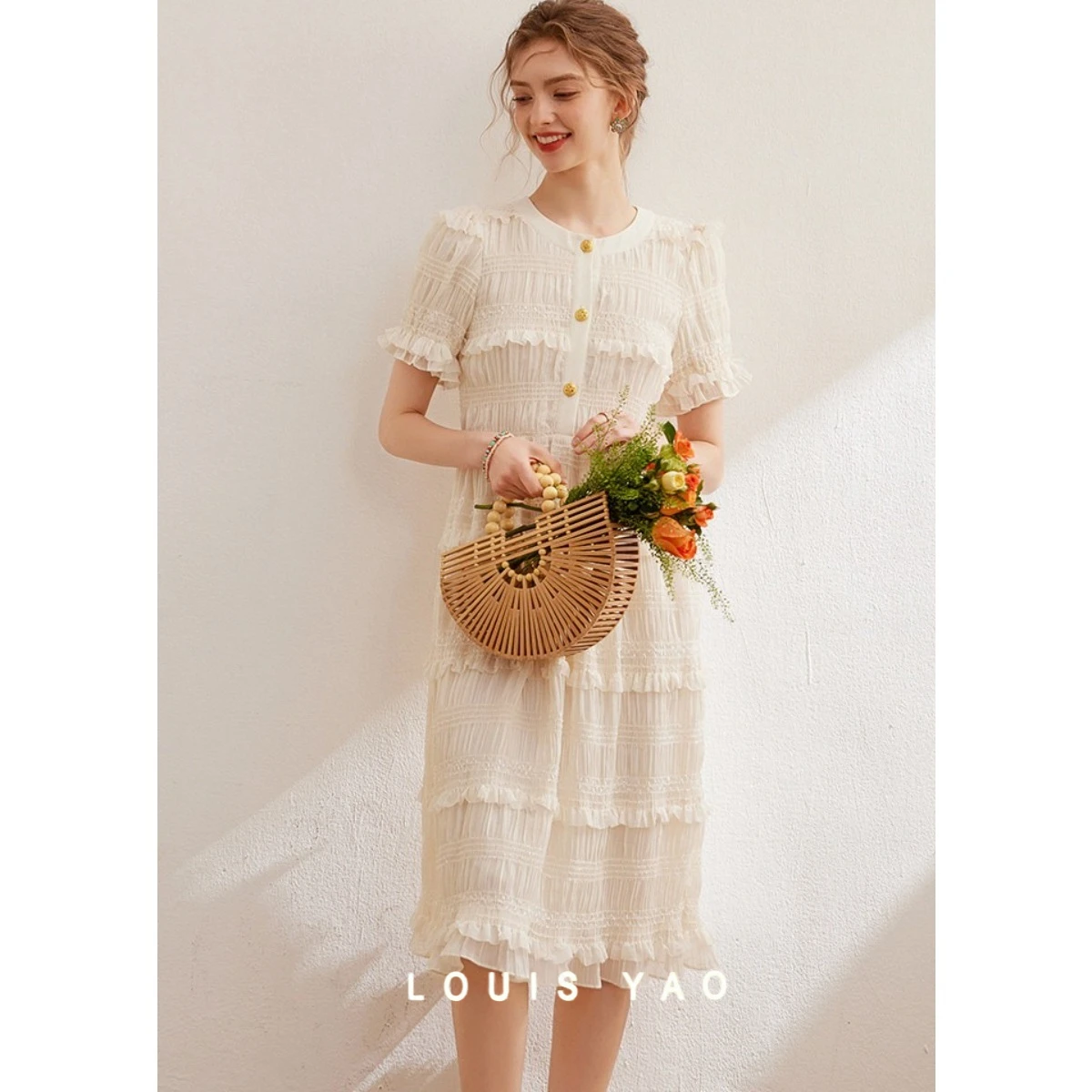 

LOUIS YAO New Micro Flash Women's Dress 2025 Summer Fashion Ageing Lace Round Neck Long Dress Pullover Short Sleeve Dresses