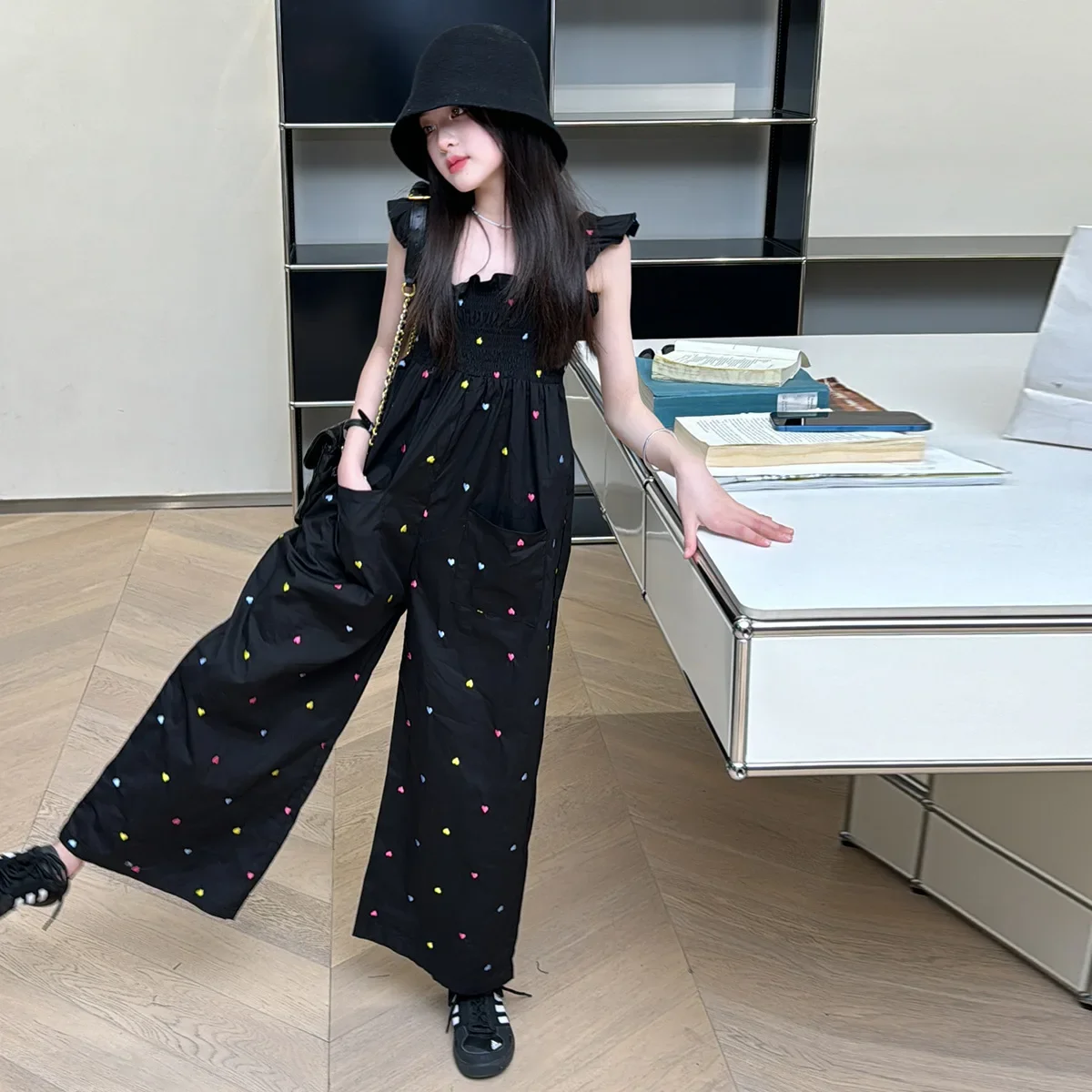 Girls Playsuits Vacation Wear Love Embroidery 2024 Summer Casual Wide Leg Jumpsuit Thin Straight Pants Printed Fashion Bodysuits