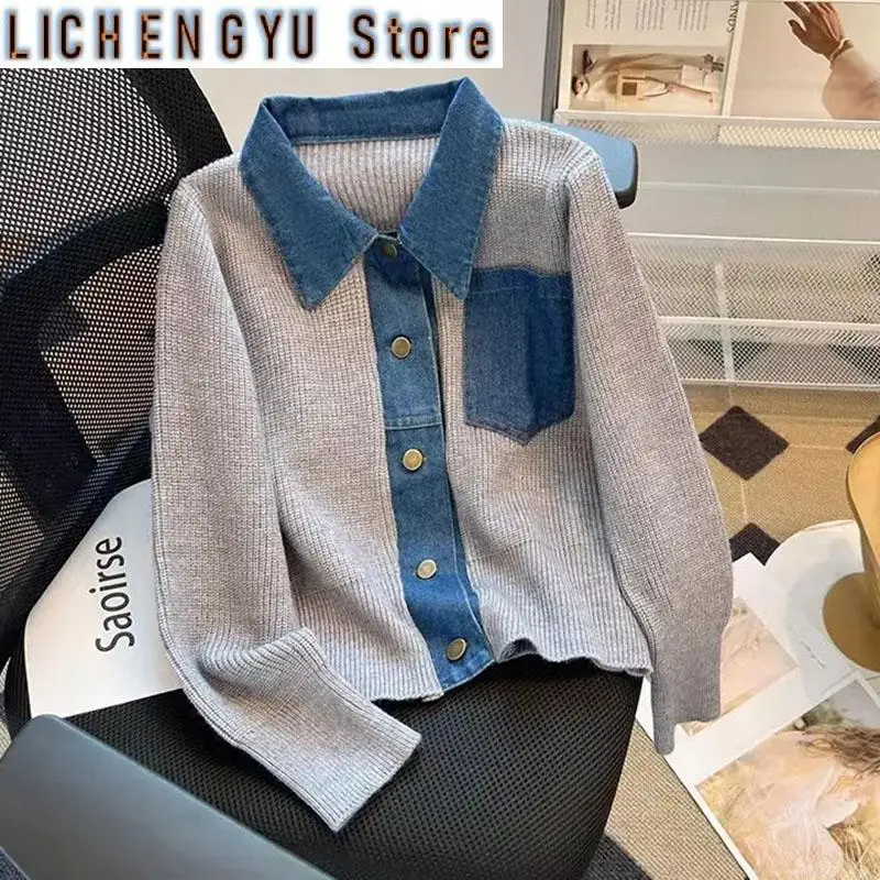 Design Sense Polo Neck Denim Stitching Sweater Women Early Autumn Winter Blouse Loose Fashion Long Sleeve Female Sweater