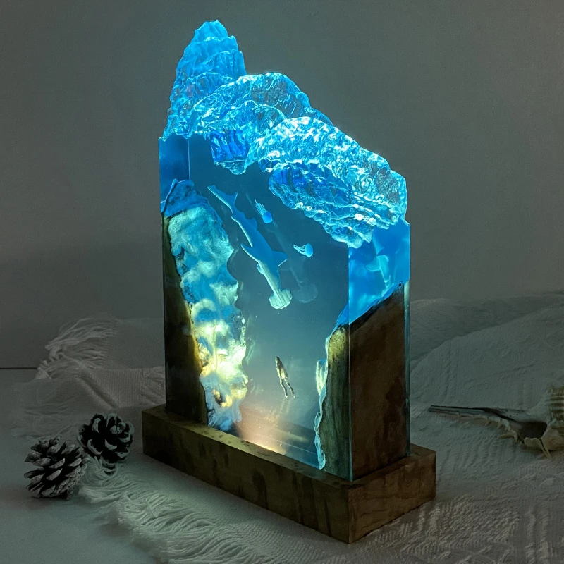 البحر موجة شكل الكائن الراتنج الجدول ضوء الفن الإبداعي الديكور مصباح القرش غواص قنديل البحر موضوع ضوء الليل USB تهمة