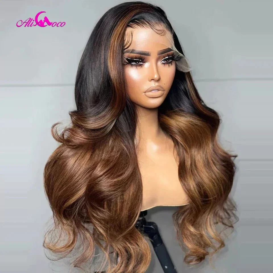 13x6 Omber Brown With Black Root Body Wave 13x4 Lace Front Wig Human Remy Hair For Women Transparent 5x5 Closure Wig 200 Density