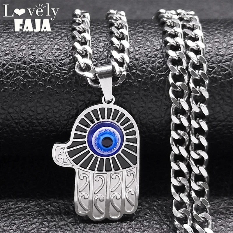 Hamsa Hand Turkish Evil Blue Eye Necklace for Women Men Islamic Stainless Steel Hands of Fatima Necklaces Jewelry Gift N6130S03