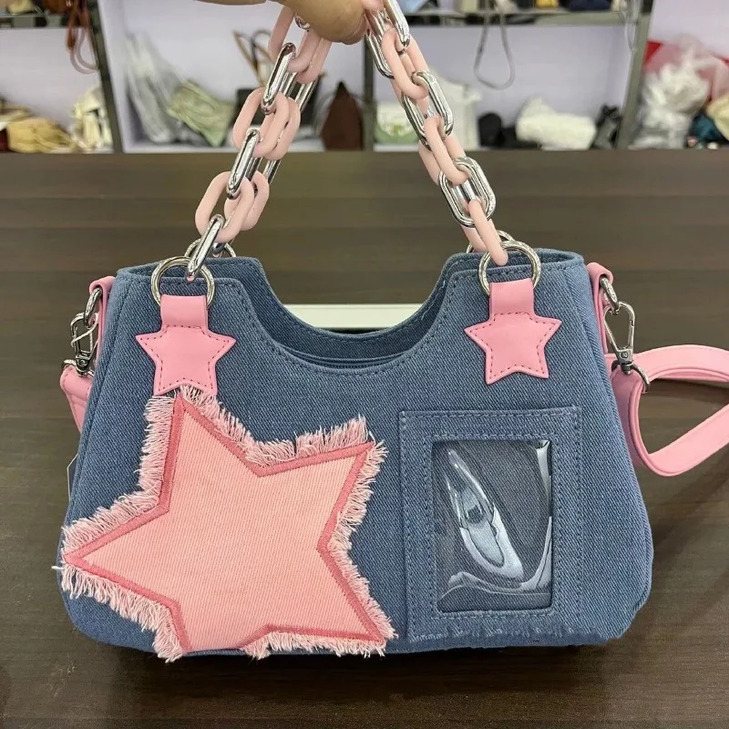 Różowa torebka damska Y2k Star Chain Bag New Fashion Cool Dark Harajuku dżinsowa torba Tote babki bagietki bagietki