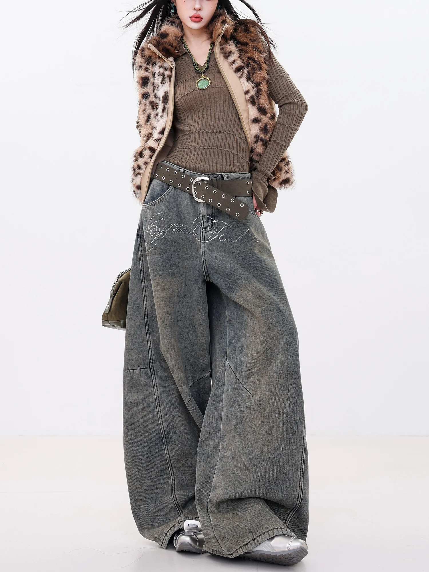 

Оригинальные джинсы ABWLR с широкими штанинами, на флисовой подкладке, с блестками, свободного кроя, в пол, для женщин, в уличном стиле