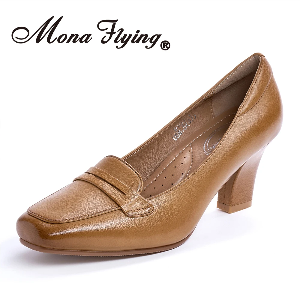 

Mona flying Women's Genuine Leather High Heels 7 cm Chunky Heel Loafer Dress Pump Square Toe Office Heel Shoes for Ladies 9103-1