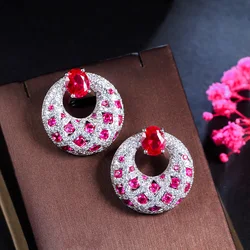 CWWZircons Top Hot Pink Red Cubic Zirconia Stone Women Round Big Party Wedding Drop Earrings Luxury Festive Jewelry CZ317