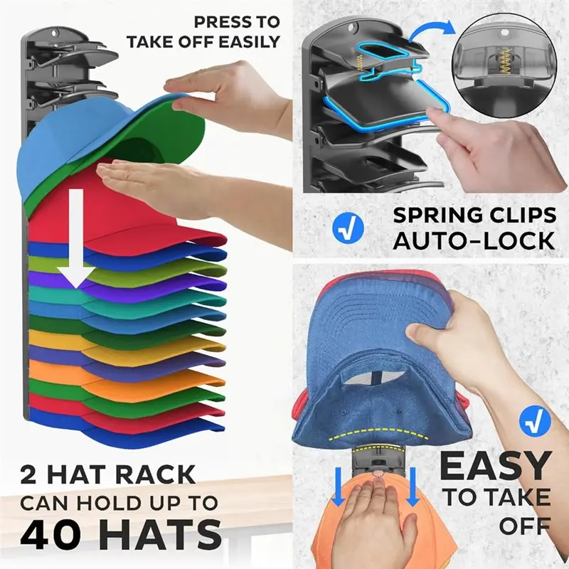 

For Baseball Cap Storage Organizer-20 Hats With Spring Clips, Wall-Mounted Closet& Door Hat Rack Holder