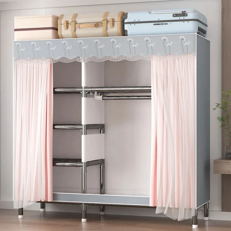 

Simple Sturdy Cloth Wardrobe with Gauze Curtain Bedroom Clothes Storage Hanger Easy Install Cabinet for Home Dustproof