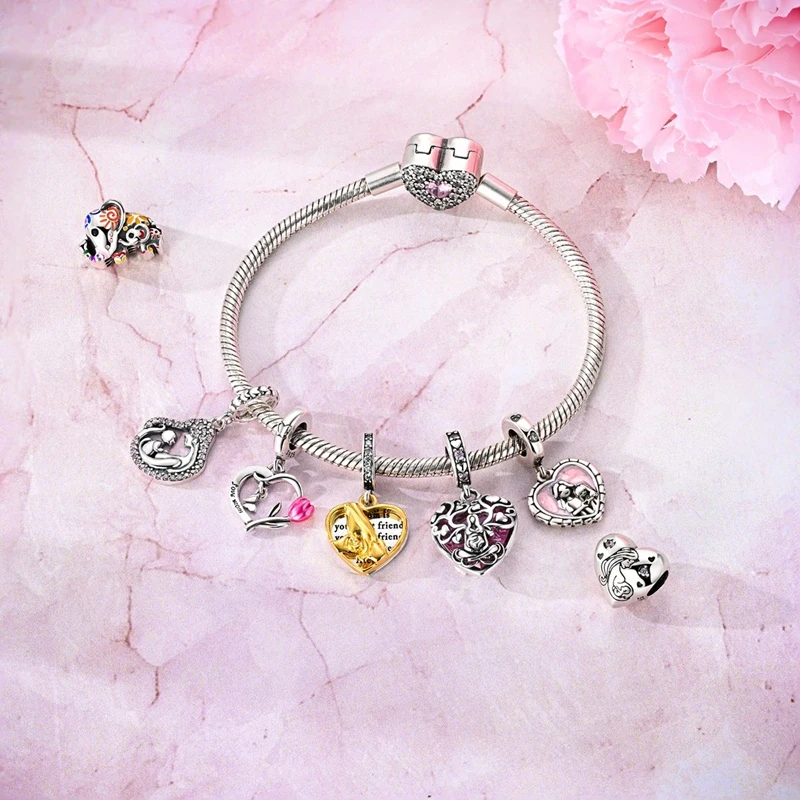 

100% 925 Sterling Silver Pendants Loving Pink Carnations Charms Beads For Woman Fit Bracelets DIY Jewelry Mother's Day Gift