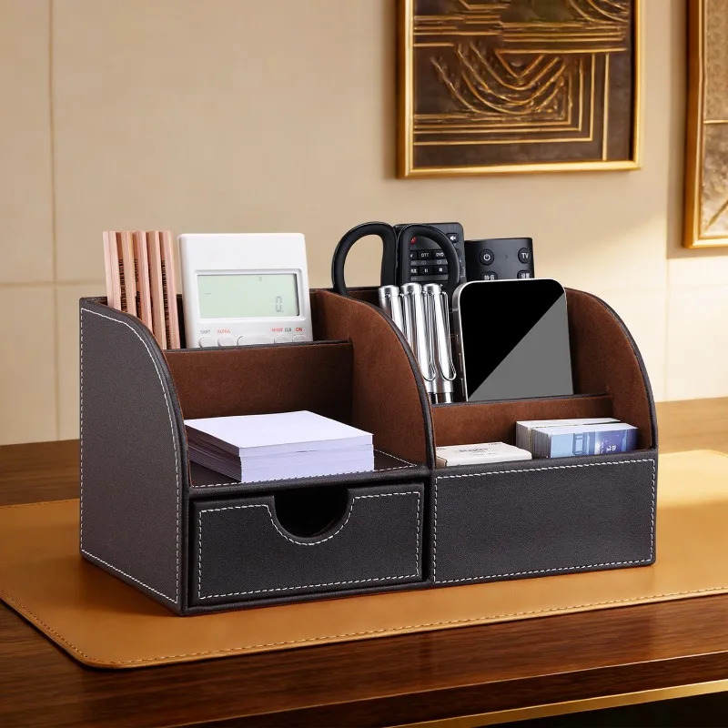 

Настольный органайзер для офисных принадлежностей из искусственной кожи с 6 отделениями, большие ящики для хранения, деревянная подставка для ручек, пенал-органайзер