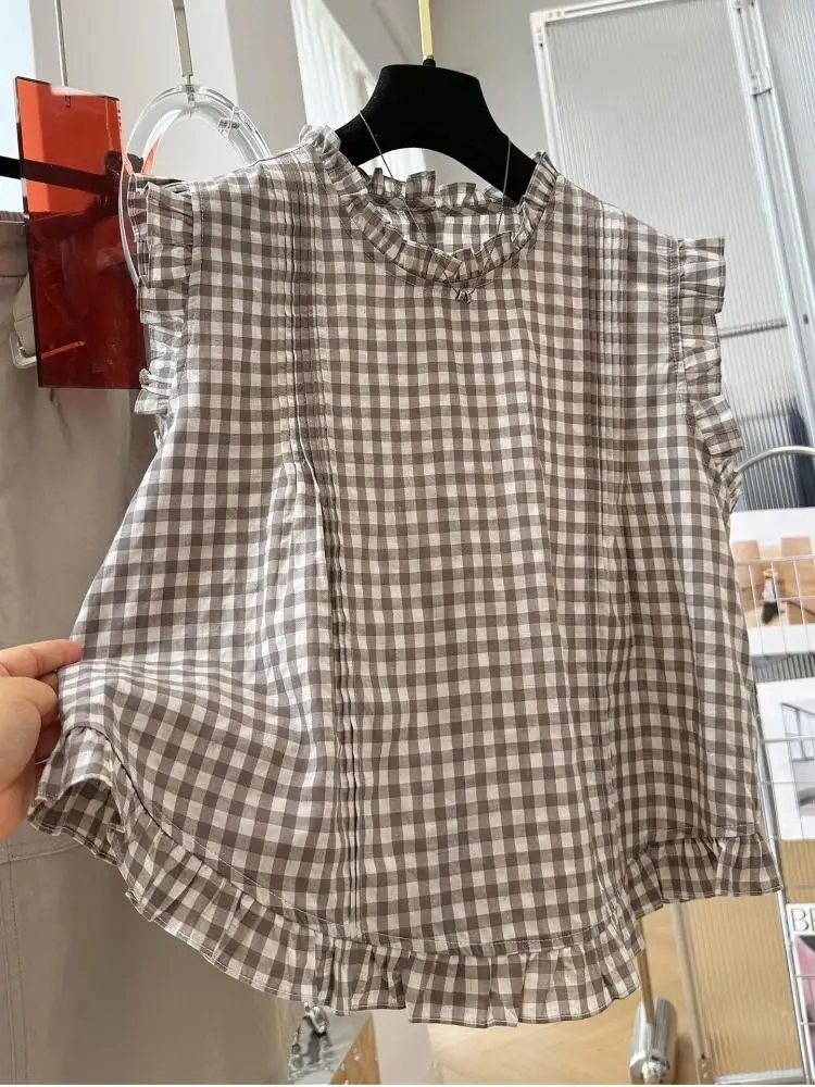 

2026 Summer Korean Style Women Plaid Sleeveless Vest Ruffle Trim Lightweight Youthful Casual Outerwear Tops
