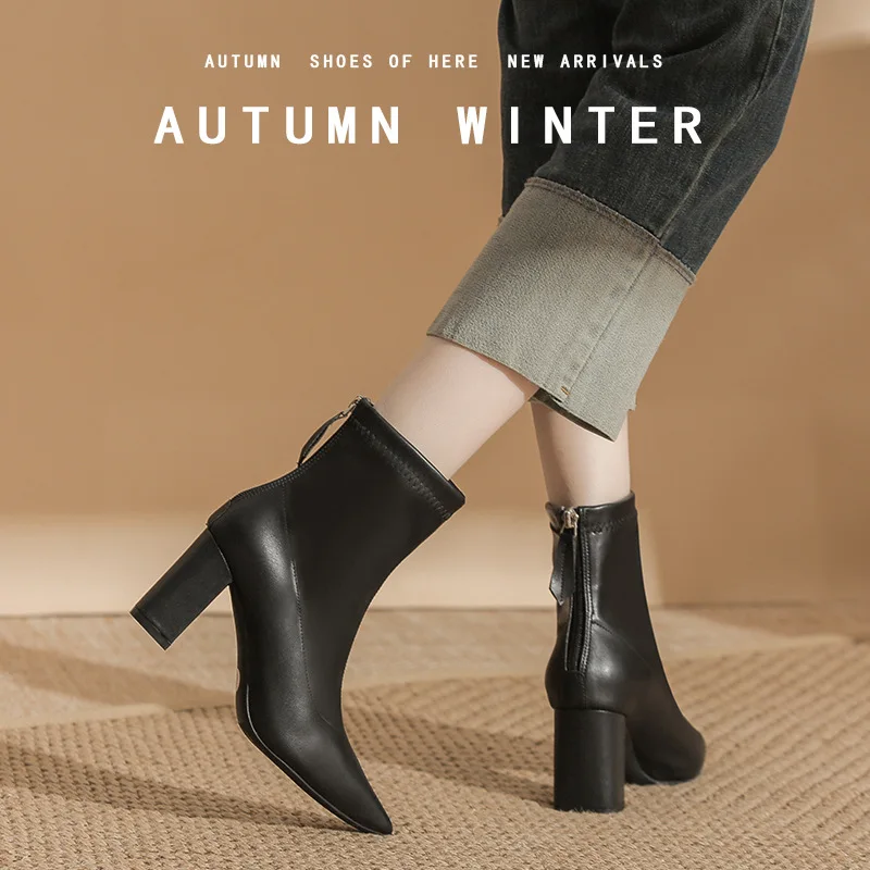 

Elegant Office Ankle Boots Black Pointed Toe Chunky Heels Slim Fit Zip Boots 32-43