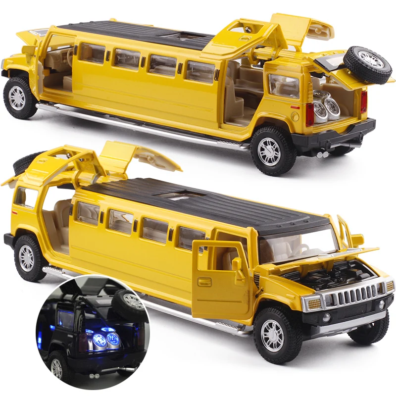 1:32 Diecast Hummer Lengthen Limousine Metal Alloy Car Model Pull Back Flashing Musical High Simulation Kids Toy Vehicles Gift