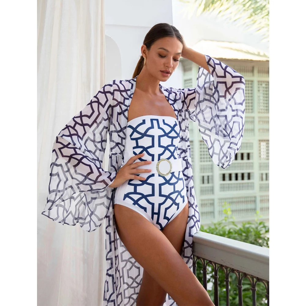 Bandeau One Piece Swimsuit With Belt Pink Girly Bikini Luxury New Cover Up Kimono 2024 Beach Outfits For Women Kaftans For Mujer