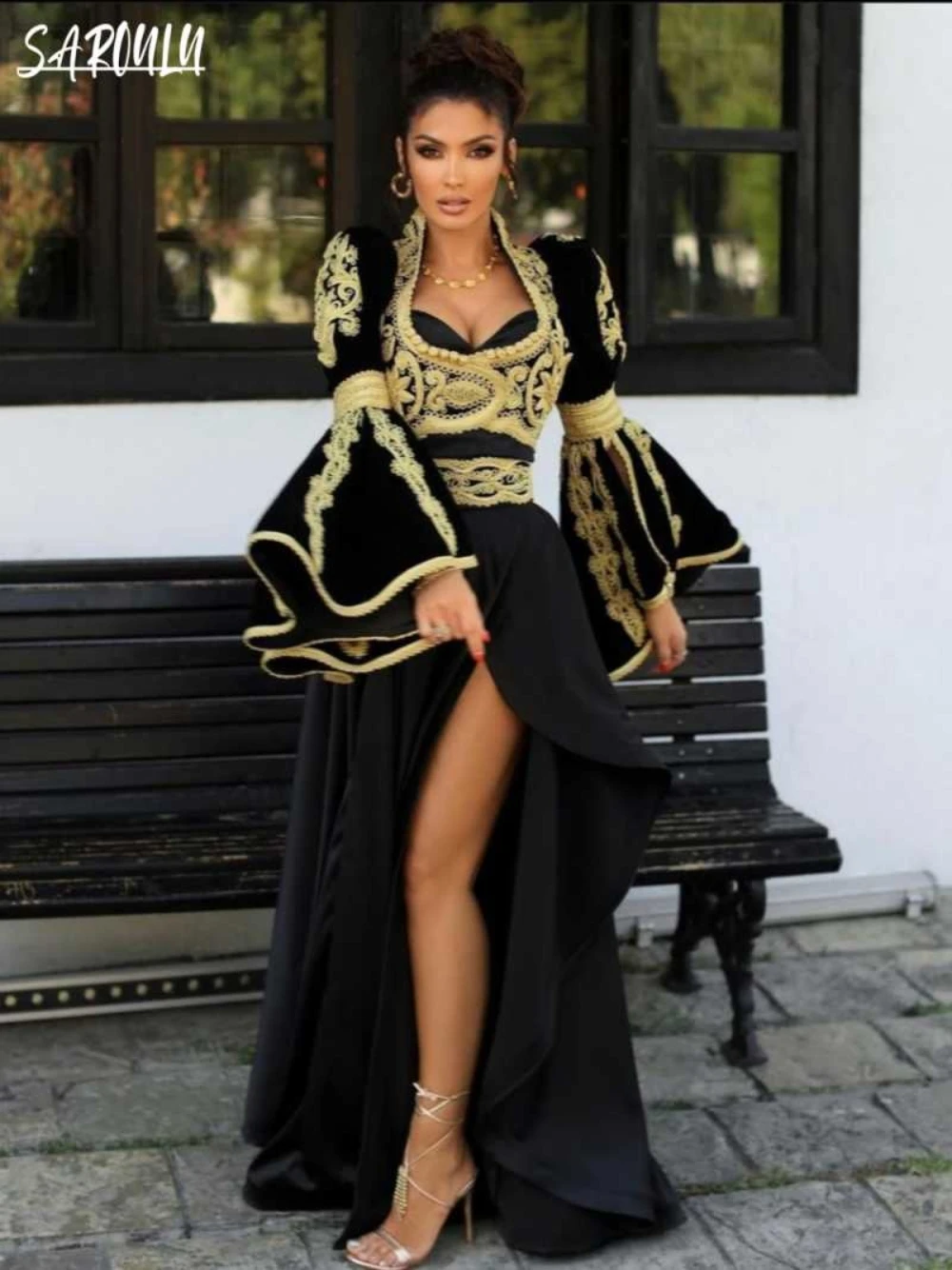 

Arabic Sweetheart Neck Evening Dress Party Kaftan Long Sleeve Elegant Gold Applique Gown Vestido De Gala Floor-length Customized