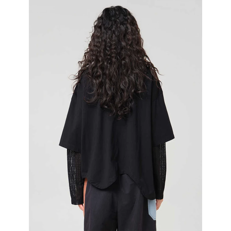 MOVEUP Long Sleeved Round Neck T-shirt 2026 Autumn False Two Pieces Asymmetrical Wave Hem Lace Casual Top for Women 3ELX10579