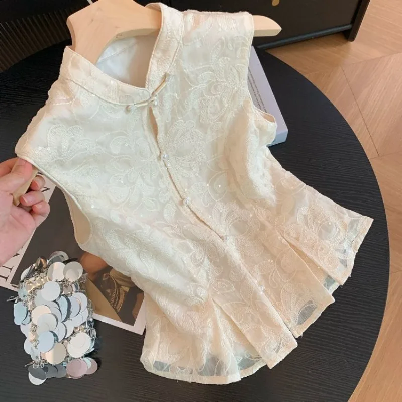 Women New Chinese Style Embroidery Sleeveless Blouse Slim Fit Short Summer Elegant Casual Tops