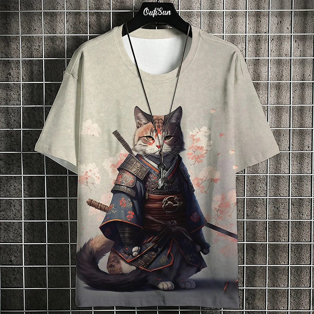 Samurai Kat T-shirt voor mannen Zomer Trendy Japanse korte mouw Tees Oversized streetwear casual sweatshirt Mannelijke kleding Tops