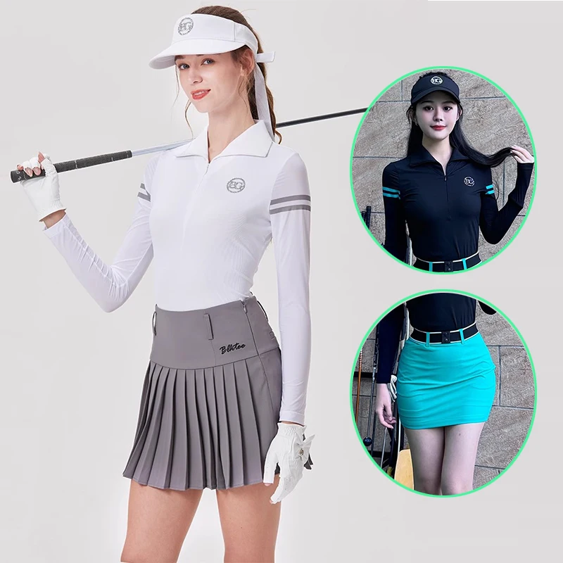 Blktee koreański kombinezon golfowy damski z klapami z długim rękawem t-shirt z filtrem przeciwsłonecznym chłodzącym sportowe topy damskie z wysokim