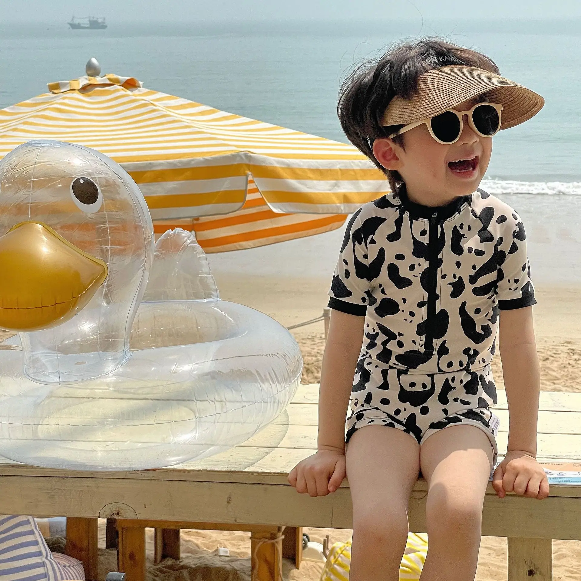 Kids Summer One-piece Swimsuit Baby Boys Short Sleeve Quick-Dry Cute Cartoon Panda Surfing Suit Swimwear Toddler Bathing Suit