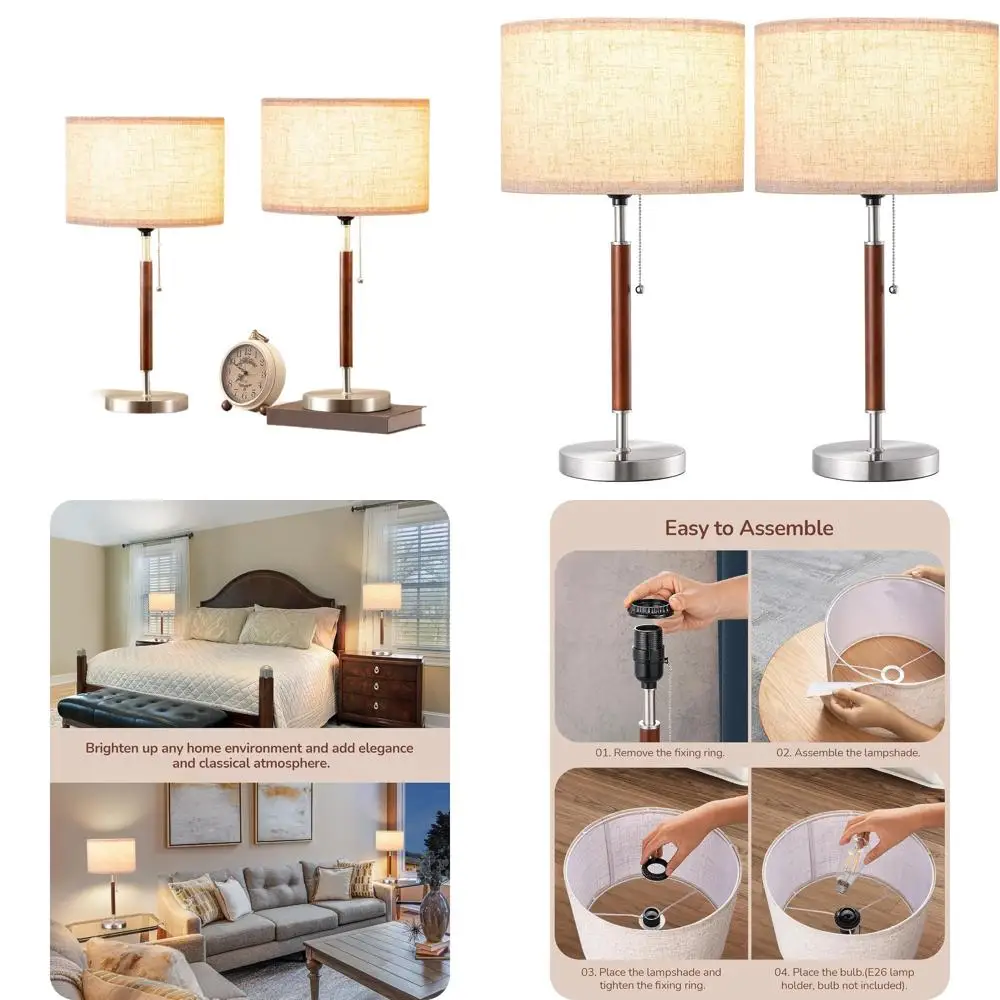 

EDISHINE Mid Century Table Lamp Set of 2, Pull Chain Switch Bedside Lamp, Linen Shade, Solid Wood Pole & Brushed Nickel Metal Ba