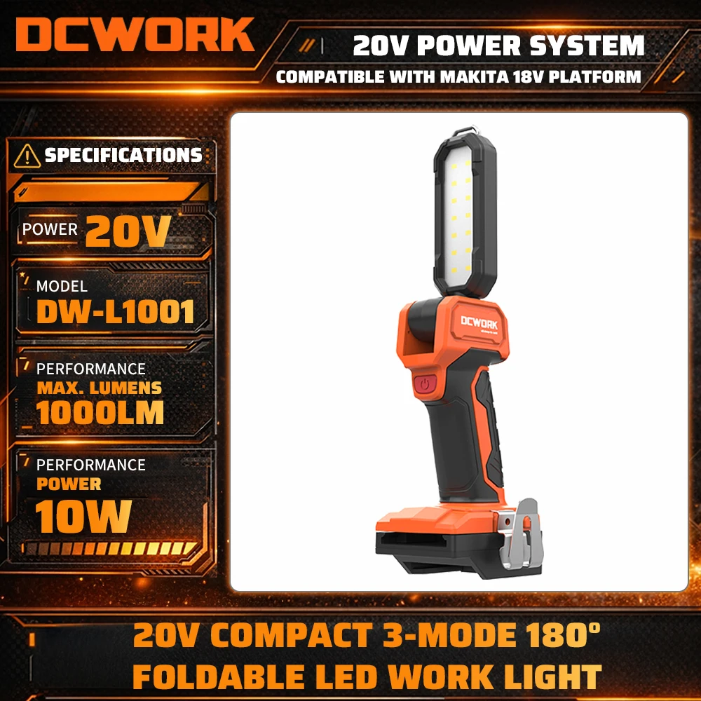 

DCWORK DW-L1001 18V Compact 3-Mode 180° Foldable LED Work Light Compatible With Makita 18V Platform