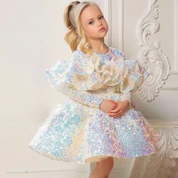 Girls Shiny Sequin Princess Dress 2023 New Long Sleeve Baby Tutu Birthday Dresses Teen Ball Gown Dres Children Wedding Clothing