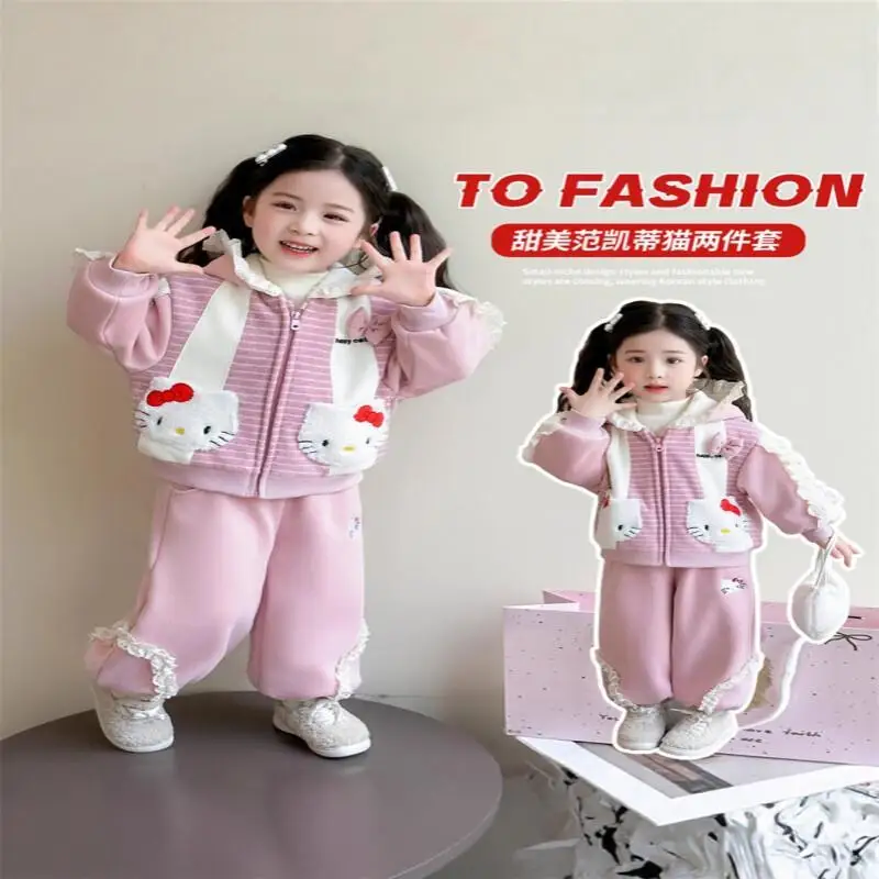 

Sanrio Hello Kitty Кардиган Толстовка Комплект из двух предметов Kawaii Y2k Детская одежда в стиле аниме для девочек Осенне-зимний плотный плюш для малышей