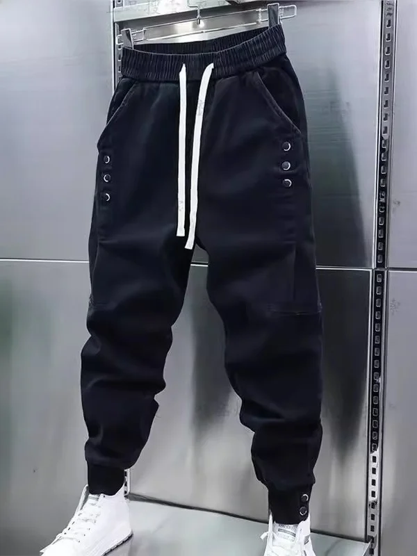 Men's Casual Harajuku Style Jeans Autumn Spring New Loose Fit Elastic Waist Nine Points Trendy Fashionable Cotton Sweatpants