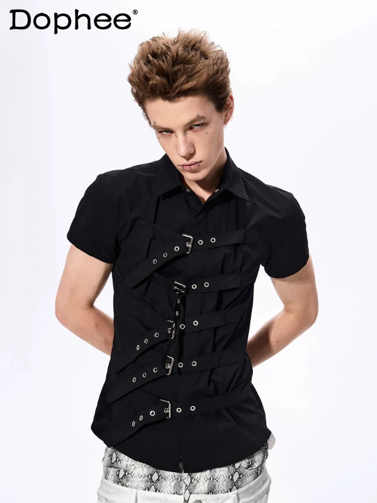 

Men's 2026 Summer Slim-fit Shirts Fashion Strap Design Short-sleeve Solid Color Cotton Shirts Male Stylish Lapel Handsome Tops
