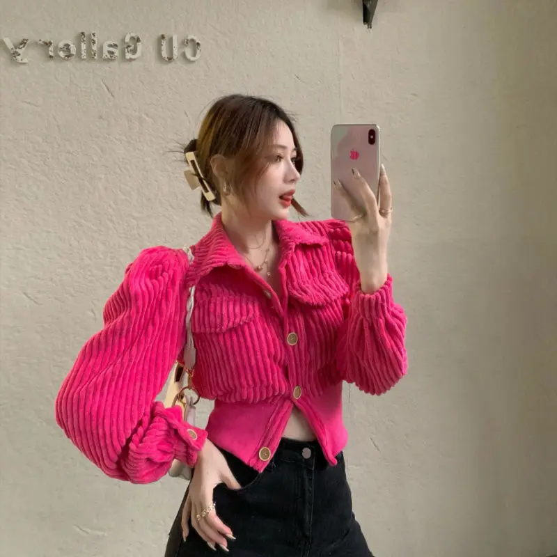 Autumn Winter Vintage Women Puff Lantern Long Sleeve Turn Down Collar Corduroy Blouse Jacket Female Casual Cardigans Short Coats