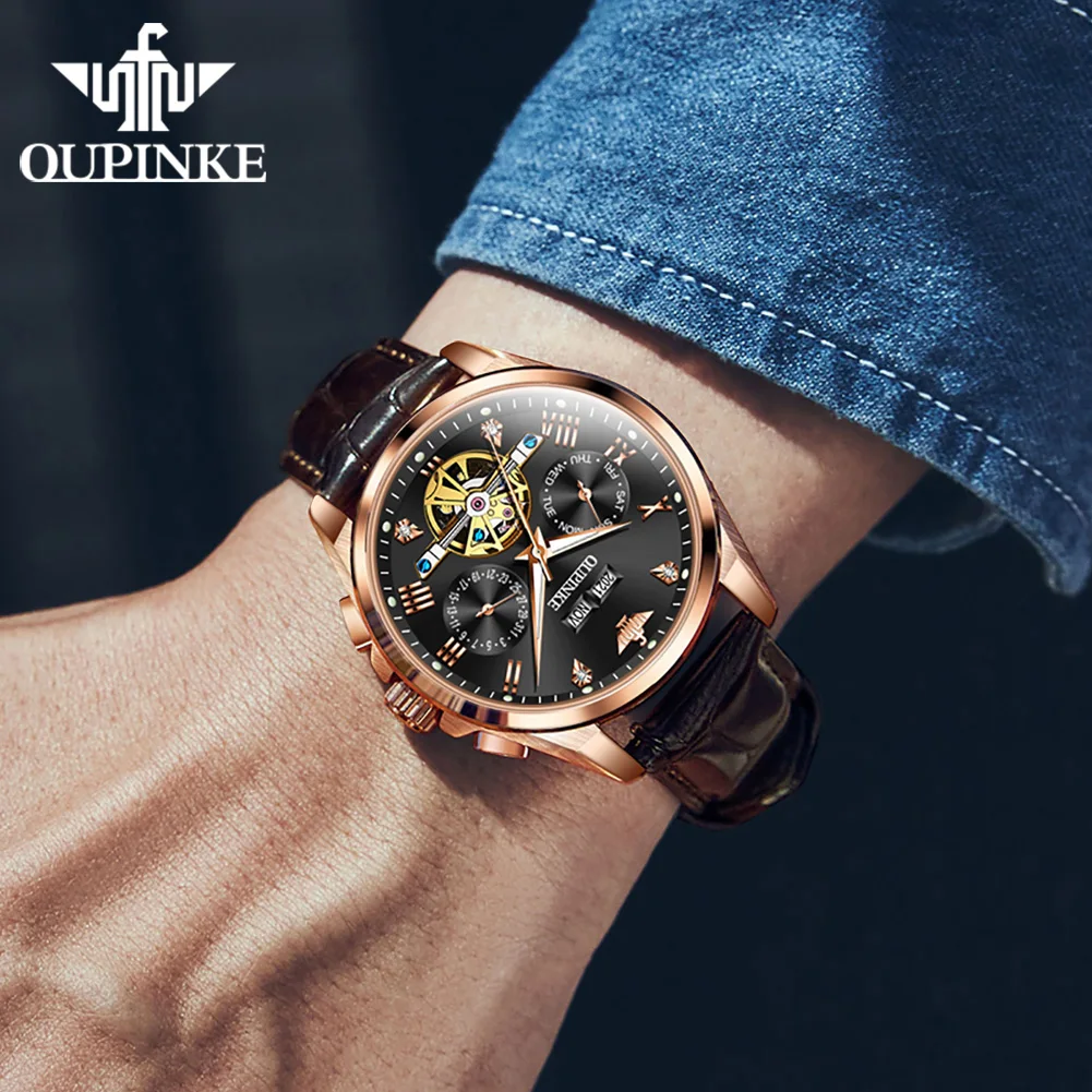 OUPINKE 3186 Classic Roman Scale Mechanical Man Hand Clock Hollow Skeleton Waterproof Watch For Men Auto Date Fashion Watches