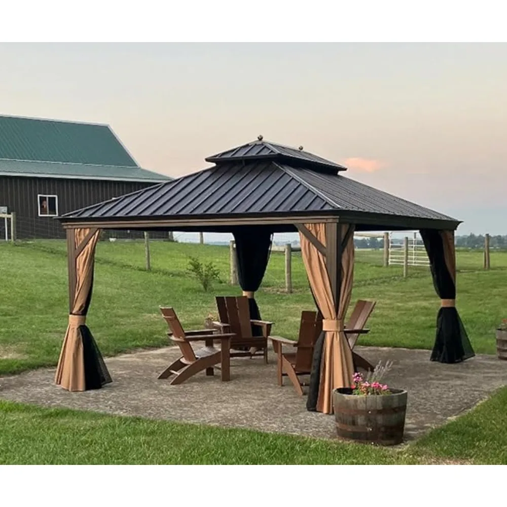 

12' x 14' Hardtop Gazebo Outdoor Metal Roof Sun Shade Tent with Curtains and Netting Patio Canopy Permanent Pavilion